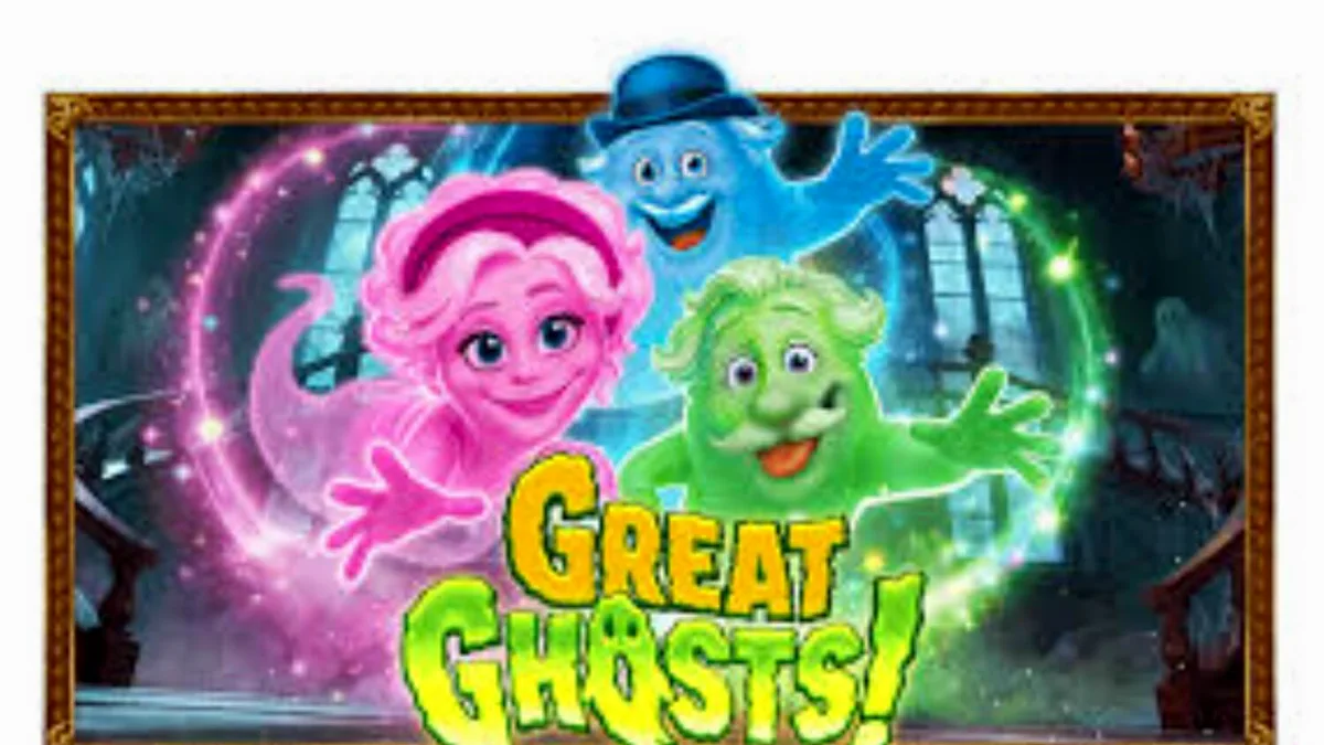 Tampilan visual slot Great Ghosts dengan tema rumah hantu kartun