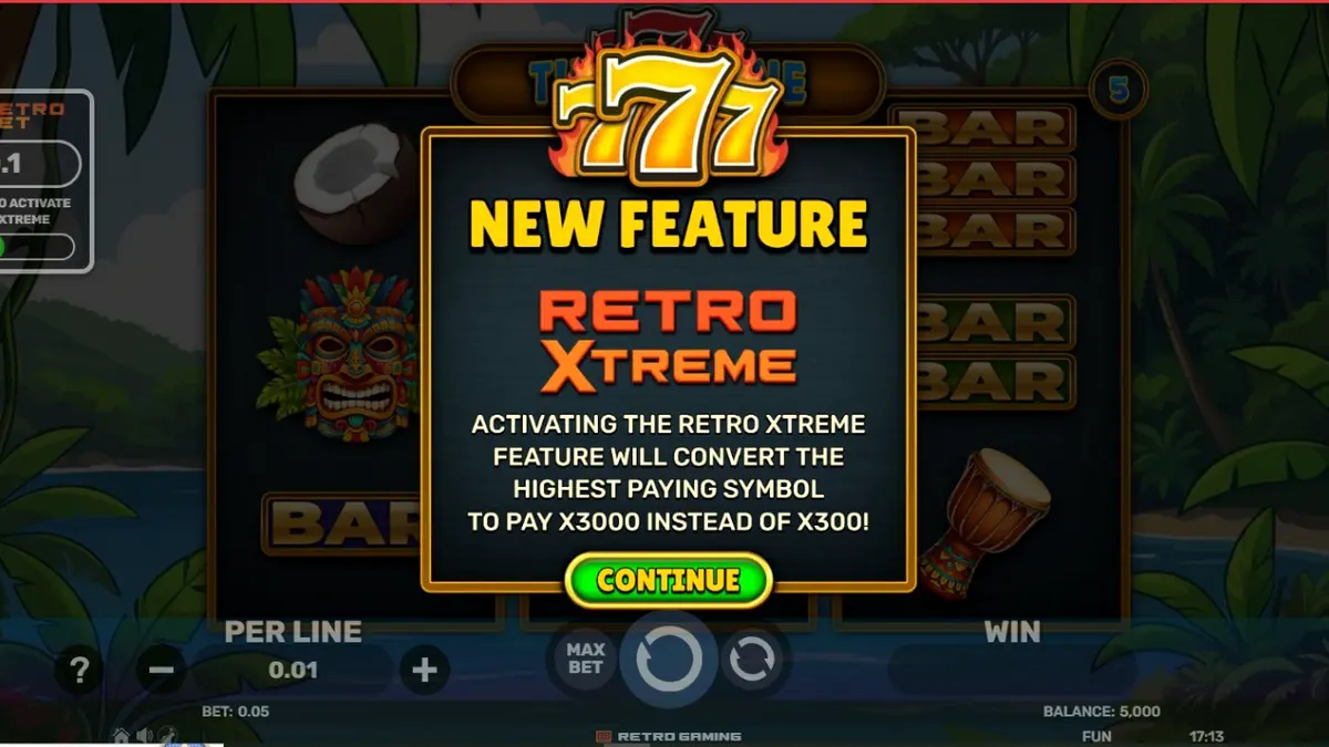 Tampilan visual slot 777 – Tiki Throne dengan latar belakang pulau tropis dan simbol buah klasik.